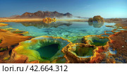 Hot mineralized springs with colorful sediments in a volcanic basin. Стоковое AI-изображение, AI-художник Евгений Харитонов / Фотобанк Лори