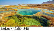Hydrothermal pools and hot mineral springs in a volcanic area in the desert. Стоковое AI-изображение, AI-художник Евгений Харитонов / Фотобанк Лори