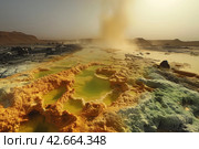 Geothermal water outlet with yellow mineral deposits in desert volcanic area. Стоковое AI-изображение, AI-художник Евгений Харитонов / Фотобанк Лори