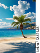 Palm tree on mountain against backdrop of azure Aegean Sea, lush mountains, fluffy clouds in blue sky and beach with white sand and people. Concept of relaxation, recreation and travel. Copy space. Стоковое AI-изображение, AI-художник Aleksandr Golubev / Фотобанк Лори