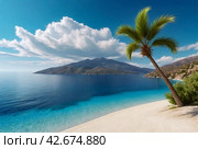 Palm tree on mountain against backdrop of azure Aegean Sea, lush mountains, fluffy clouds in blue sky and beach with white sand and people. Concept of relaxation, recreation and travel. Copy space. Стоковое AI-изображение, AI-художник Aleksandr Golubev / Фотобанк Лори