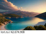 Sunset in laguna of azure Aegean Sea with lush mountains, fluffy clouds, yacht, summer weather. Nature landscape in East Turkey. Concept of vacation, recreation and travel. Стоковое AI-изображение, AI-художник Aleksandr Golubev / Фотобанк Лори