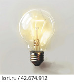 Incandescent light bulb on a light background. The tungsten filament, glass cylinder and lamp base are visible,    Generative AI. Стоковое AI-изображение, AI-художник Анна Кривицкая / Фотобанк Лори
