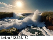 Atmospheric scenery Dramatic Baltic sea, waves and water splashes on breakwaters. Nature north cloudscape on coast ocean. Environment with fickle weather, climate change. Stormy, abstract backgrounds. Стоковое AI-изображение, AI-художник Aleksandr Golubev / Фотобанк Лори