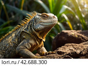 land iguana (Conolophus subcristatus) endemic to Galapagos islands. Lizards (Conolophus) in tropical animal world. Observation of wildlife area. Holiday adventure in Ecuador. Стоковое AI-изображение, AI-художник Aleksandr Golubev / Фотобанк Лори