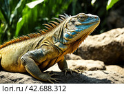 land iguana (Conolophus subcristatus) endemic to Galapagos islands. Lizards (Conolophus) in tropical animal world. Observation of wildlife area. Holiday adventure in Ecuador. Стоковое AI-изображение, AI-художник Aleksandr Golubev / Фотобанк Лори