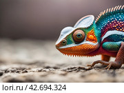 Macro photography multi-colored chameleon close up head. Стоковое AI-изображение, AI-художник Наталья Симакова / Фотобанк Лори
