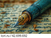 An antique fountain pen whose tip touches written paper. The handle is decorated with elegant engraving. Traces of ink are visible    Generative AI. Стоковое AI-изображение, AI-художник Анна Кривицкая / Фотобанк Лори
