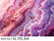 Close-up of an agate, a gemstone characterized by parallel bands of varying shades. Colors range from soft pink to deep burgundy, with vibrant crystal formations and whitish tops. Стоковое AI-изображение, AI-художник Анна Кривицкая / Фотобанк Лори