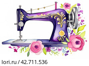 Watercolor drawing of a sewing machine decorated with pink and purple flowers. Стоковое AI-изображение, AI-художник Галина Эмберг / Фотобанк Лори