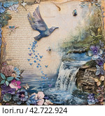 Collage with elements of writing and nature. Flowers of various types and colors are depicted in the foreground, while a bluebird in flight stands out in the center of the composition. Стоковое AI-изображение, AI-художник Анна Кривицкая / Фотобанк Лори
