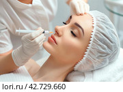 Beauty injections. A cosmetologist injects fillers into the nasolabial fold of a beautiful woman in his office. Стоковое AI-изображение, AI-художник Ольга Яковенко / Фотобанк Лори