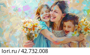A young son and daughter hug their mother on Mother's Day. Стоковое AI-изображение, AI-художник Ярославский Максим / Фотобанк Лори