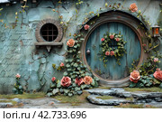 A door or round window reminiscent of a fairy tale or fantasy element, probably inspired by the Hobbiton style of Tolkien's works. Стоковое AI-изображение, AI-художник Анна Кривицкая / Фотобанк Лори
