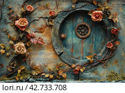 A door or round window reminiscent of a fairy tale or fantasy element, probably inspired by the Hobbiton style of Tolkien's works. Стоковое AI-изображение, AI-художник Анна Кривицкая / Фотобанк Лори