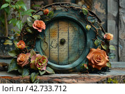 A door or round window reminiscent of a fairy tale or fantasy element, probably inspired by the Hobbiton style of Tolkien's works. Стоковое AI-изображение, AI-художник Анна Кривицкая / Фотобанк Лори