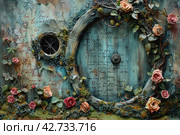 A door or round window reminiscent of a fairy tale or fantasy element, probably inspired by the Hobbiton style of Tolkien's works. Стоковое AI-изображение, AI-художник Анна Кривицкая / Фотобанк Лори