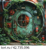 A creative piece of nature integrated into an industrial object, reminiscent of a round door or porthole, covered in thickets and lichen, which creates the atmosphere of a post-apocalyptic world or an abandoned utopian society. Стоковое AI-изображение, AI-художник Анна Кривицкая / Фотобанк Лори