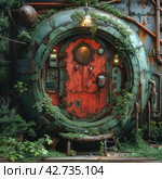 A creative piece of nature integrated into an industrial object, reminiscent of a round door or porthole, covered in thickets and lichen, which creates the atmosphere of a post-apocalyptic world or an abandoned utopian society. Стоковое AI-изображение, AI-художник Анна Кривицкая / Фотобанк Лори