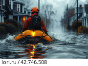 Rescuers on a boat in a flooded area, emergency situation, Стоковое AI-изображение, AI-художник Анна Кривицкая / Фотобанк Лори