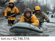 Rescuers on a boat in a flooded area, emergency situation, Стоковое AI-изображение, AI-художник Анна Кривицкая / Фотобанк Лори