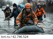 Rescuers on a boat in a flooded area, emergency situation, Стоковое AI-изображение, AI-художник Анна Кривицкая / Фотобанк Лори