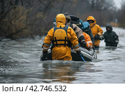 Rescuers on a boat in a flooded area, emergency situation, Стоковое AI-изображение, AI-художник Анна Кривицкая / Фотобанк Лори