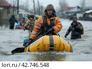 Rescuers on a boat in a flooded area, emergency situation, Стоковое AI-изображение, AI-художник Анна Кривицкая / Фотобанк Лори