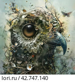 A fantasy image similar to a bird's head in a collage style where elements of nature are mixed with details of the bird. Стоковое AI-изображение, AI-художник Анна Кривицкая / Фотобанк Лори