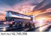 In the early morning, a tanker truck is driving at high speed towards a chemical plant. The concept of the chemical industry. Стоковое AI-изображение, AI-художник Ярославский Максим / Фотобанк Лори