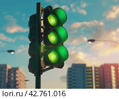 All three sections of the traffic light on the road are green. A symbol of free road traffic. Стоковое AI-изображение, AI-художник Ярославский Максим / Фотобанк Лори
