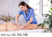 Professional female massage therapist doing thigh and buttocks massage to woman. Стоковое фото, фотограф Яков Филимонов / Фотобанк Лори