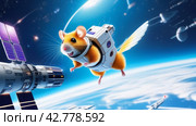 Cheerful hamster in a space station, earth orbit backdrop. Стоковое AI-изображение, AI-художник Zakharova Natasha / Фотобанк Лори