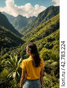 Rear view of lady enjoy at landscape Adam's peak mountain at tropical journey Sri Lanka, Ella, posing. From behind of adult woman in yellow jacket at landmark nature background. Copy ad text space. Стоковое AI-изображение, AI-художник Aleksandr Golubev / Фотобанк Лори