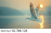 White Bird Soaring in Sunlit Sky. Стоковое AI-изображение, AI-художник Юлия Гапеенко / Фотобанк Лори