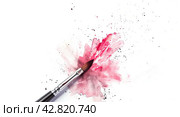 A brush for drawing with a pink spot from a watercolor on a white background in close-up. Стоковое AI-изображение, AI-художник Ярославский Максим / Фотобанк Лори