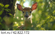 Young Deer Standing in the Woods. Стоковое AI-изображение, AI-художник Юлия Гапеенко / Фотобанк Лори