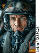 Pilot in Helmet Facing Camera. Стоковое AI-изображение, AI-художник Юлия Гапеенко / Фотобанк Лори