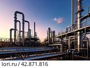 Petroleum industrial plant with pipeline and pipe rack at sunset sky background. View of chemical factory. Industrialization and industry technology concept. Gen ai illustration. Copy ad text space. Стоковое AI-изображение, AI-художник Aleksandr Golubev / Фотобанк Лори