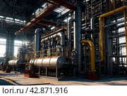 Industrial plant of petroleum, chemical, hydrogen or ammonia. Industrialization zone with pipeline and pipe rack. Manufacturing and industry technology concept. Gen ai illustration. Copy ad text space. Стоковое AI-изображение, AI-художник Aleksandr Golubev / Фотобанк Лори