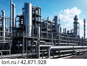 Industrial plant of petroleum, chemical, hydrogen or ammonia. Industrialization zone with pipeline and pipe rack. Manufacturing and industry technology concept. Gen ai illustration. Copy ad text space. Стоковое AI-изображение, AI-художник Aleksandr Golubev / Фотобанк Лори