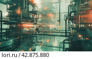 Complex industrial landscape made in cyberpunk style. The composition immerses you in the atmosphere of a futuristic city with many metal structures, platforms, pipes and glowing lights. The color palette of the picture is made in cool technogenic tones with dominant shades of ocher and copper light. Стоковое AI-изображение, AI-художник Анна Кривицкая / Фотобанк Лори
