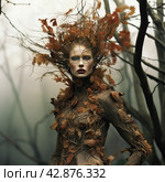 Model in an extravagant outfit that creates the effect of merging with nature. She is wearing a dress decorated with autumn leaves of different shades, which seem to grow out of the clothes and are woven into the model’s hair. Her hairstyle creates a wild effect; branches and leaves seem to be an extension of her hair. Стоковое AI-изображение, AI-художник Анна Кривицкая / Фотобанк Лори