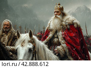 Two men in medieval royal robes against the background of an army and a mountain landscape in cloudy weather. One of them, gray-haired and bearded, in all the majesty of royal regalia, including a crown and a richly decorated cloak, riding a white horse. The second man stands on the ground behind, he is also dressed in rich fur coats and looks like an important vassal or ally. Стоковое AI-изображение, AI-художник Анна Кривицкая / Фотобанк Лори