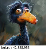 The head of a fantastic bird with a bright orange beak and large expressive eyes. The bird has soft blue feathers and some of them are slightly ruffled. The bird's emotional expression gives it a funny and slightly surprised look. The background is blurred, bringing focus to the bird's face. Стоковое AI-изображение, AI-художник Анна Кривицкая / Фотобанк Лори