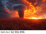 Powerful tornado against the background of the sunset sky. The sky is painted in rich reds and oranges, creating a feeling of incredible power and movement. The sun setting behind the horizon illuminates the clouds and earth with a warm light. Стоковое AI-изображение, AI-художник Анна Кривицкая / Фотобанк Лори