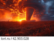 Powerful tornado against the background of the sunset sky. The sky is painted in rich reds and oranges, creating a feeling of incredible power and movement. The sun setting behind the horizon illuminates the clouds and earth with a warm light. Стоковое AI-изображение, AI-художник Анна Кривицкая / Фотобанк Лори