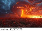Powerful tornado against the background of the sunset sky. The sky is painted in rich reds and oranges, creating a feeling of incredible power and movement. The sun setting behind the horizon illuminates the clouds and earth with a warm light. Стоковое AI-изображение, AI-художник Анна Кривицкая / Фотобанк Лори