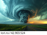 Powerful tornado against the background of the sunset sky. The sky is painted in rich reds and oranges, creating a feeling of incredible power and movement. The sun setting behind the horizon illuminates the clouds and earth with a warm light. Стоковое AI-изображение, AI-художник Анна Кривицкая / Фотобанк Лори