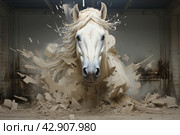 Mighty white horse that seems to literally burst out of the walls of its enclosure, scattering debris in all directions. The beauty and strength of this animal is conveyed through its dynamic movement and powerful gaze. A background filled with flying particles adds drama and energy to a fast-paced scene. Стоковое AI-изображение, AI-художник Анна Кривицкая / Фотобанк Лори